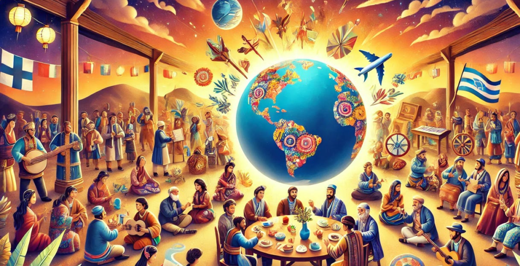 The Future of Culture in an Increasingly Connected World featuring global connectivity, cultural exchange, diverse traditions, digital communication, and people from different backgrounds interacting through modern technology.