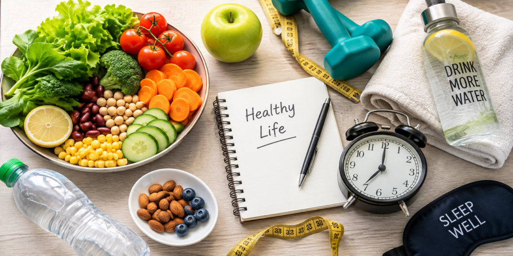 125-Character Image Text: Healthy living tips for better wellness, balanced nutrition, daily exercise, quality sleep, hydration, and self-care.